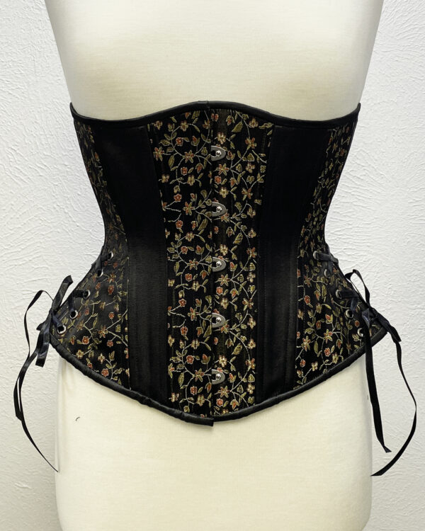 Black and Gold Floral Brocade Hourglass Underbust Corset by Faire Treasures