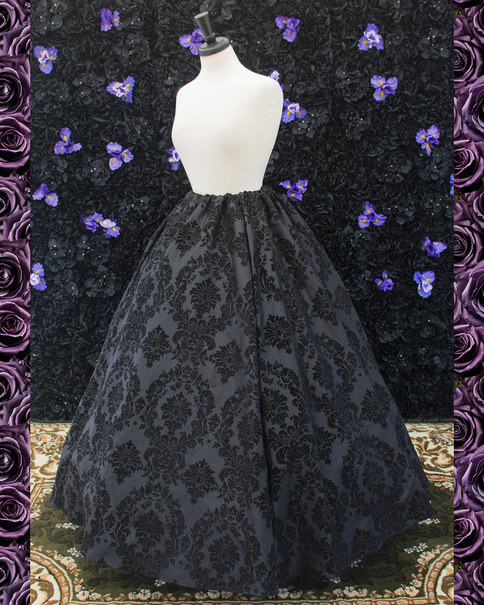 Black Flocked Taffeta Renaissance Skirt displayed on a mannequin over a hoopskirt
