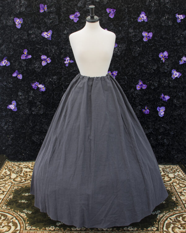 Charcoal Grey Linen Renaissance Skirt displayed on a mannequin over a hoop skirt