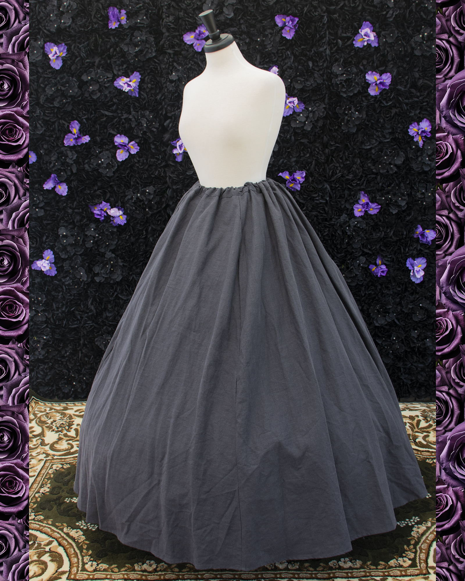 Charcoal Grey Linen Renaissance Skirt displayed on a mannequin over a hoop skirt