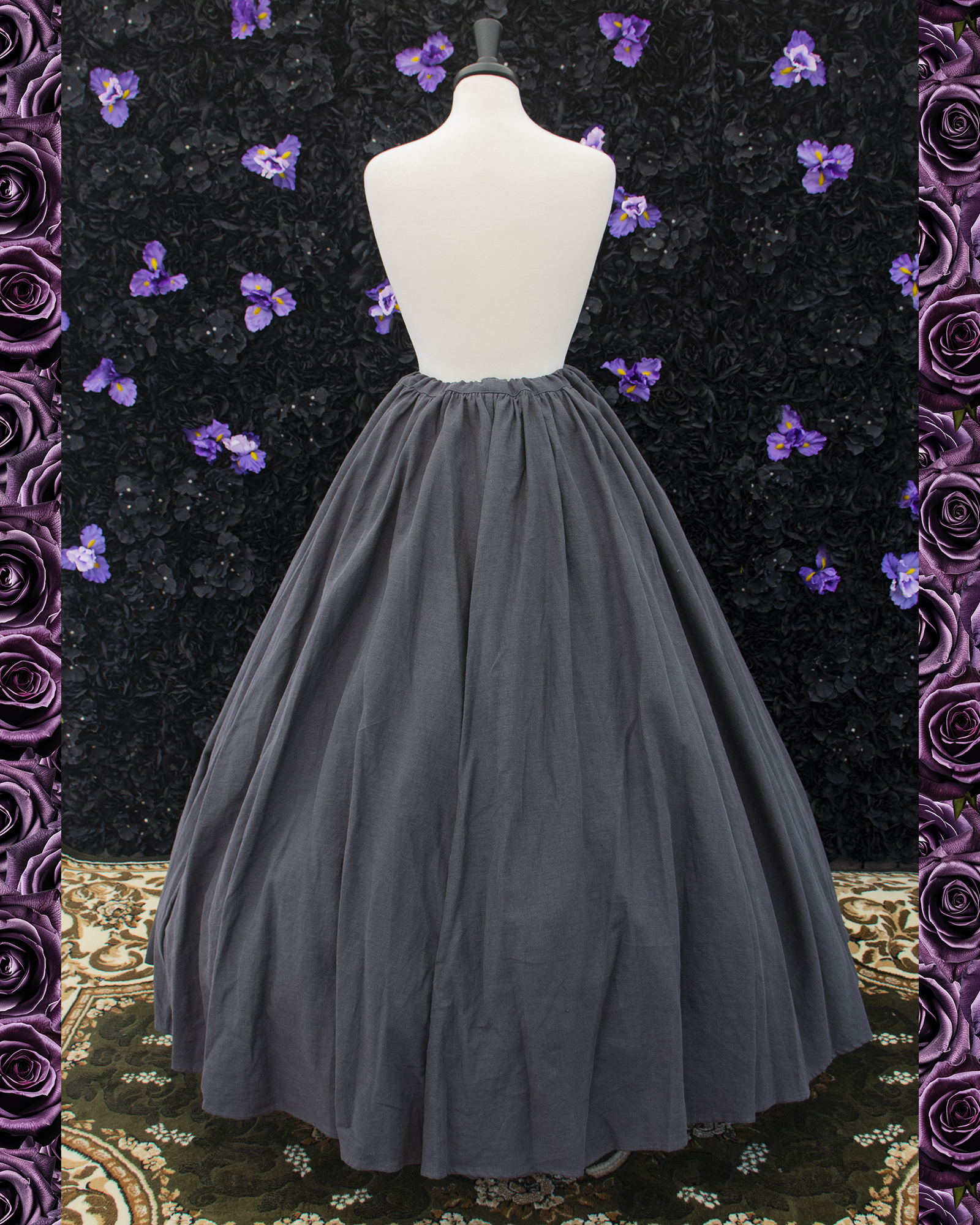 Charcoal Grey Linen Renaissance Skirt displayed on a mannequin over a hoop skirt