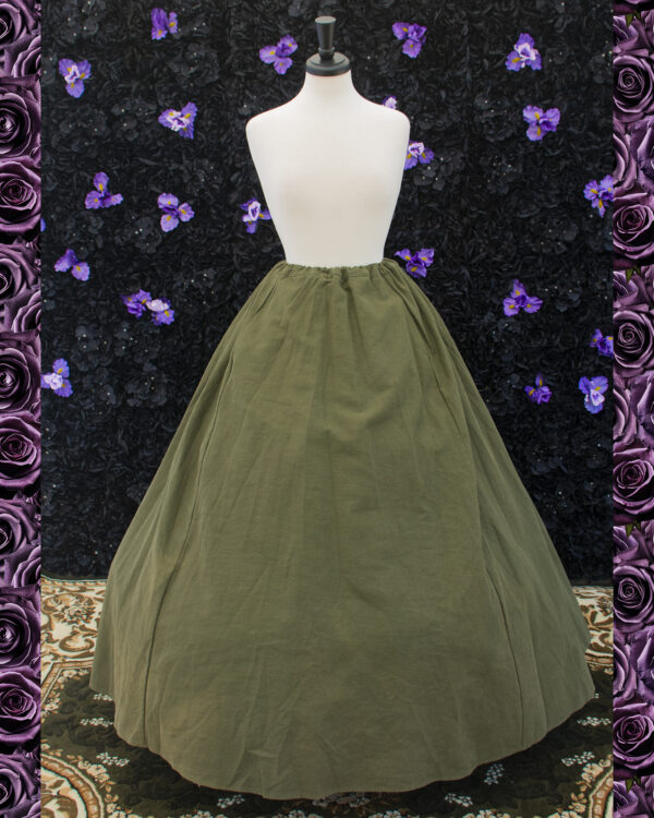 Dark Olive Green Linen Renaissance Skirt displayed on a mannequin over a hoop skirt