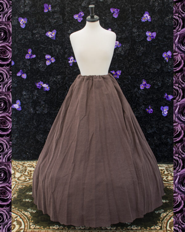 Walnut Brown Linen Renaissance Skirt displayed on a mannequin over a hoop skirt