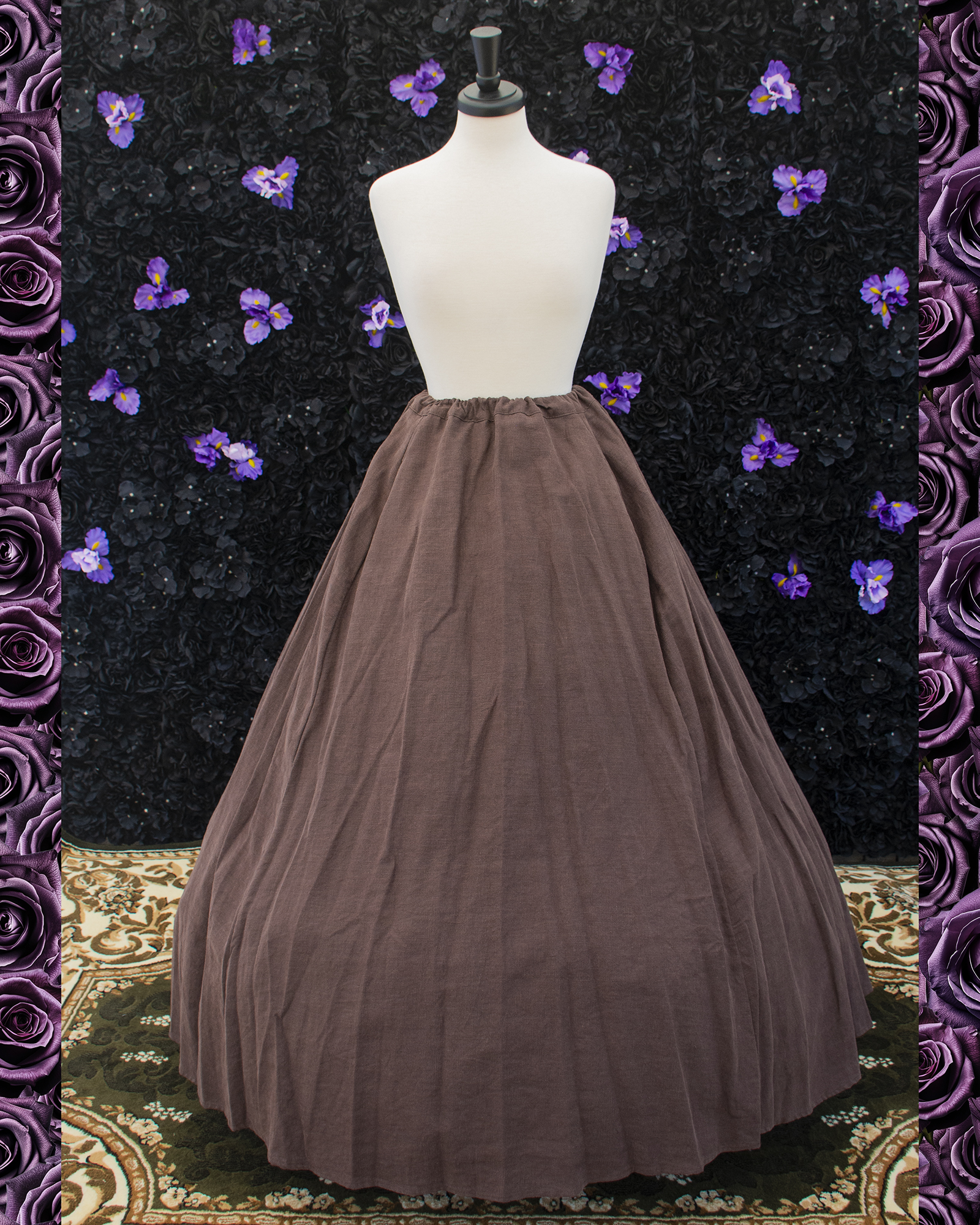 Walnut Brown Linen Renaissance Skirt displayed on a mannequin over a hoop skirt