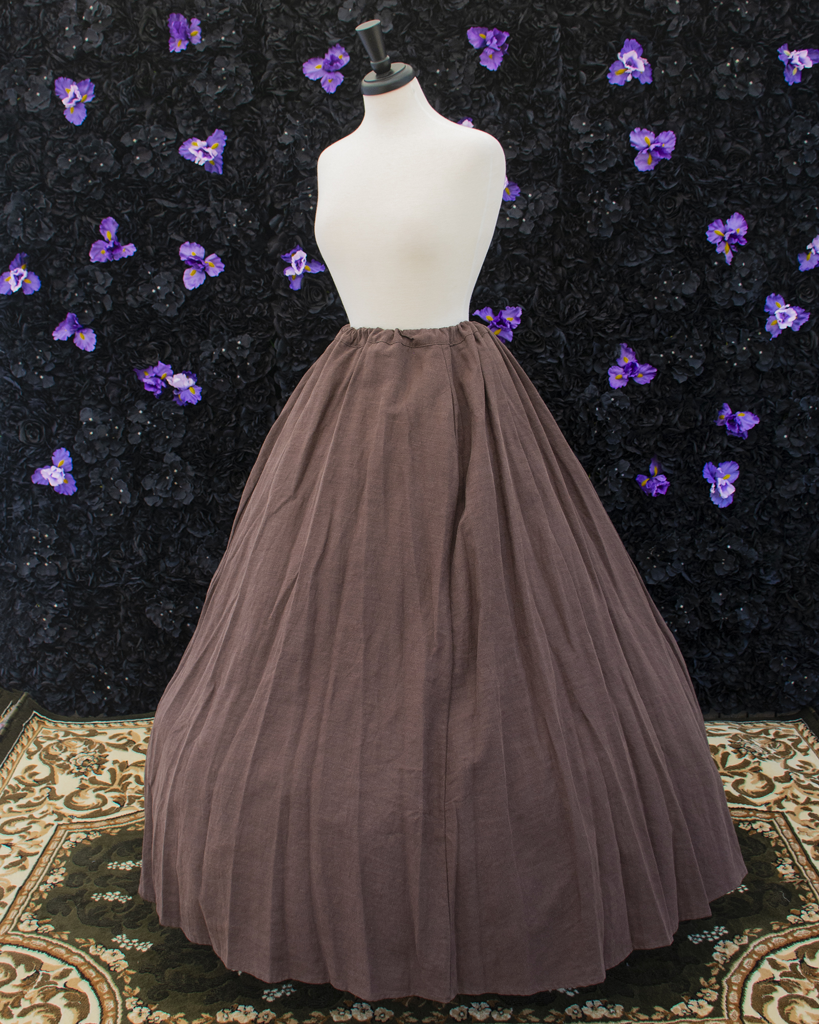 Walnut Brown Linen Renaissance Skirt displayed on a mannequin over a hoop skirt