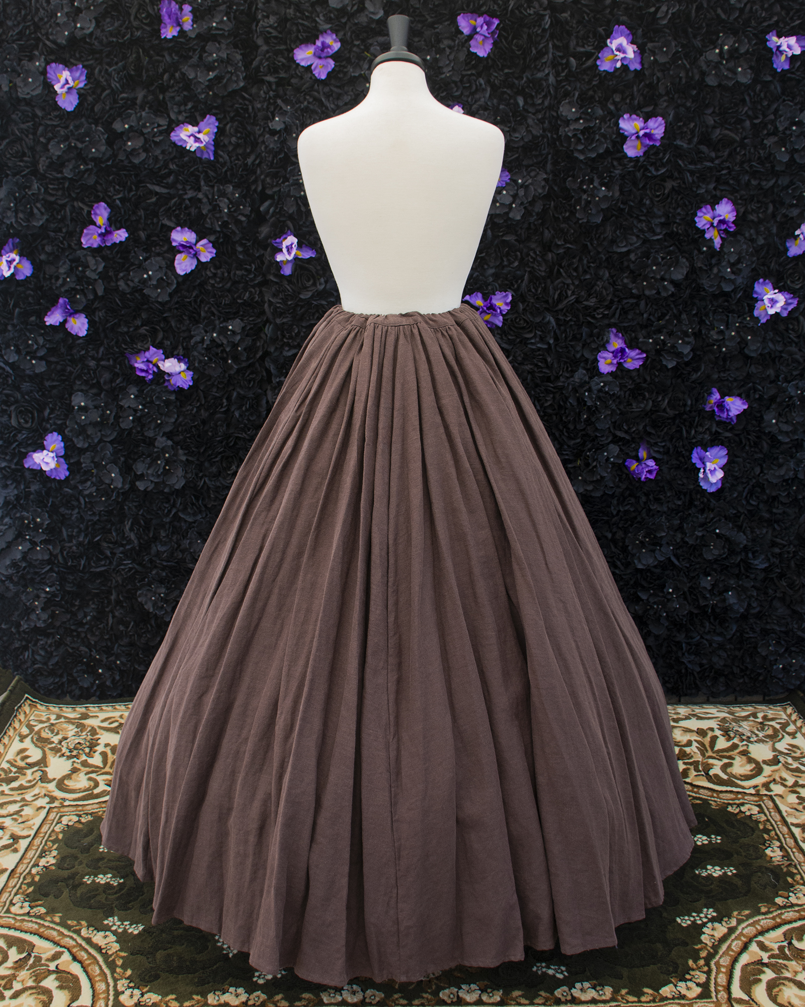 Walnut Brown Linen Renaissance Skirt displayed on a mannequin over a hoop skirt