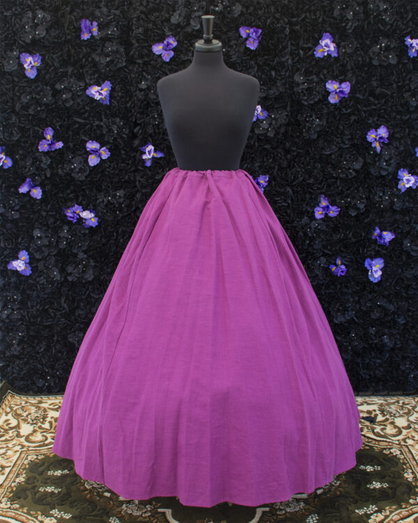 Wisteria Purple Linen Renaissance Skirt displayed on a mannequin over a hoop skirt