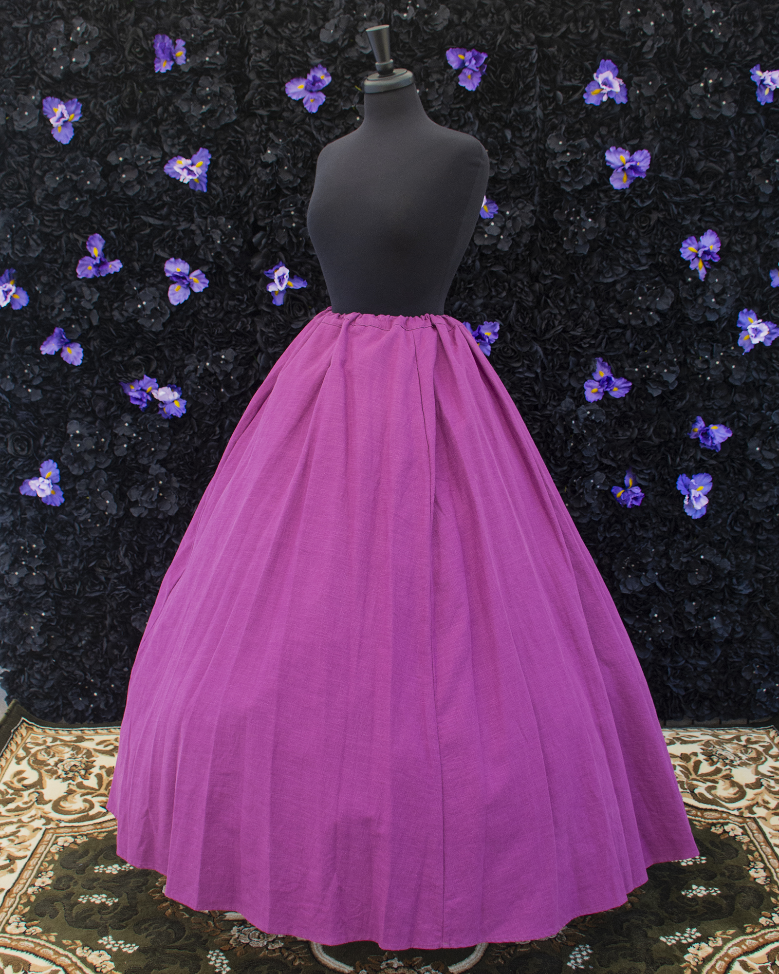 Wisteria Purple Linen Renaissance Skirt displayed on a mannequin over a hoop skirt