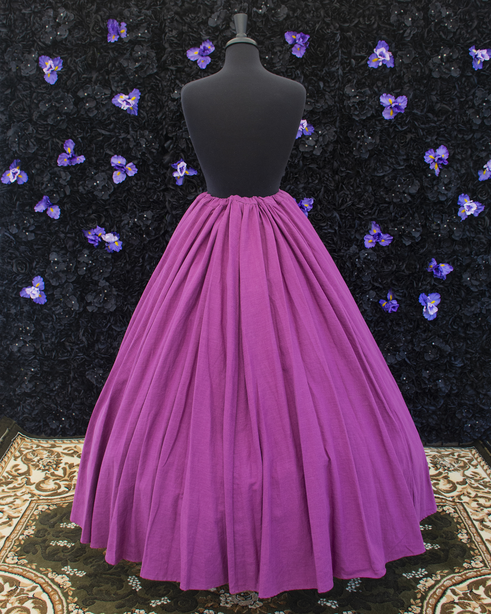 Wisteria Purple Linen Renaissance Skirt displayed on a mannequin over a hoop skirt