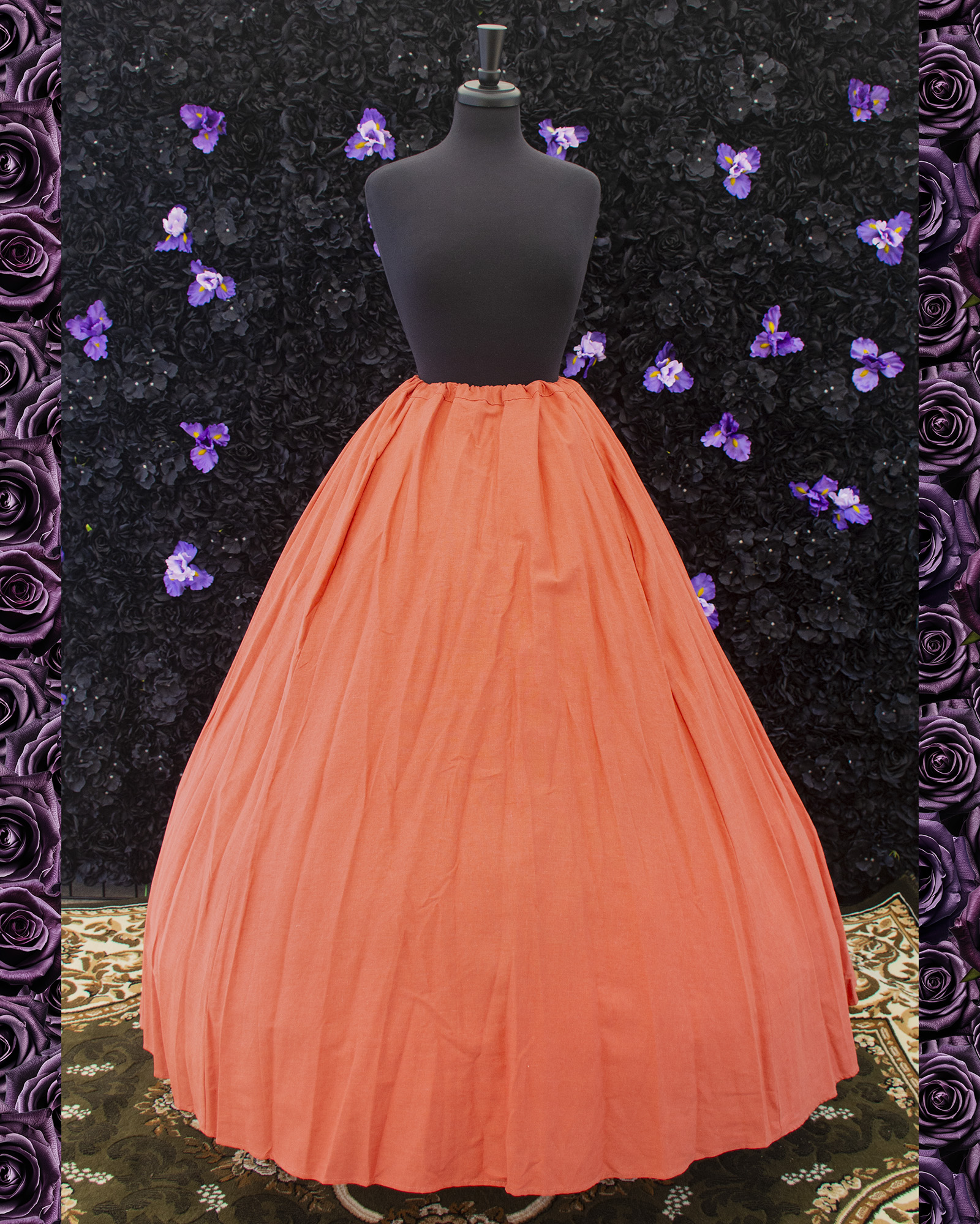 Terracotta Orange Linen Renaissance Skirt displayed on a mannequin over a hoop skirt