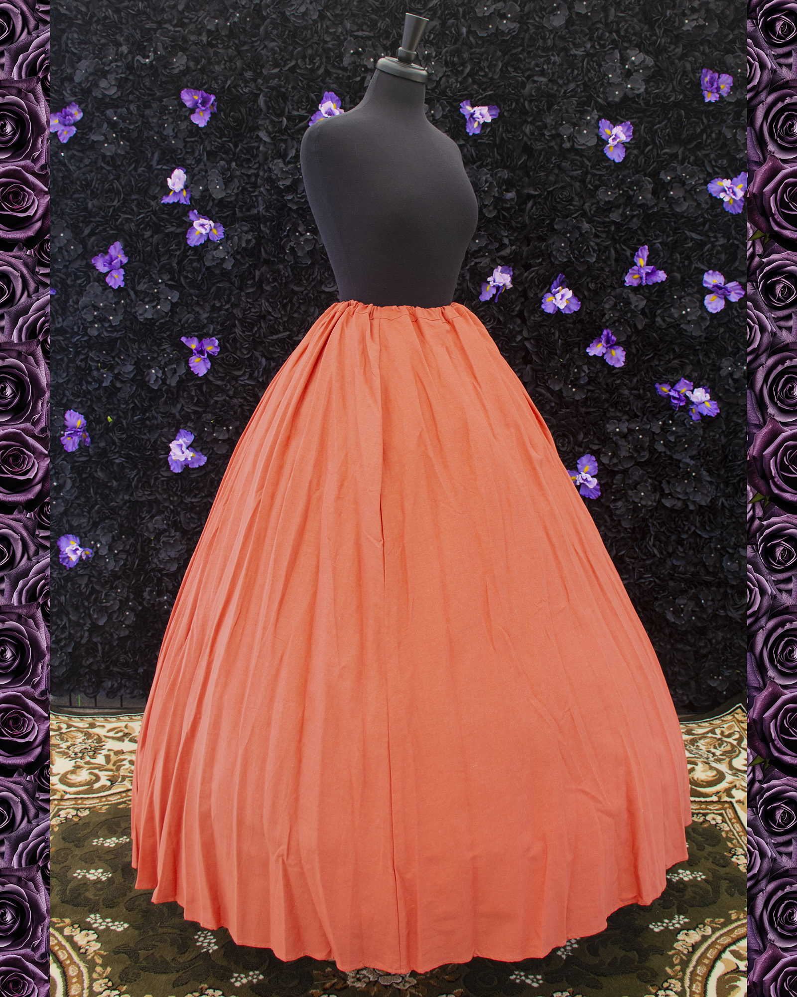 Terracotta Orange Linen Renaissance Skirt displayed on a mannequin over a hoop skirt