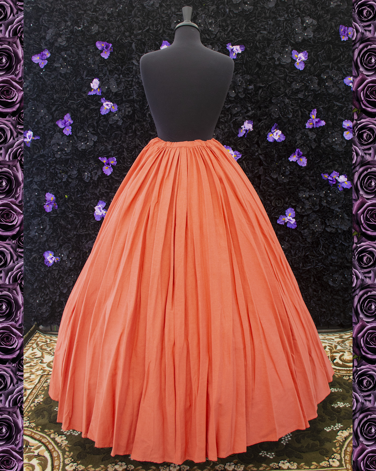 Terracotta Orange Linen Renaissance Skirt displayed on a mannequin over a hoop skirt
