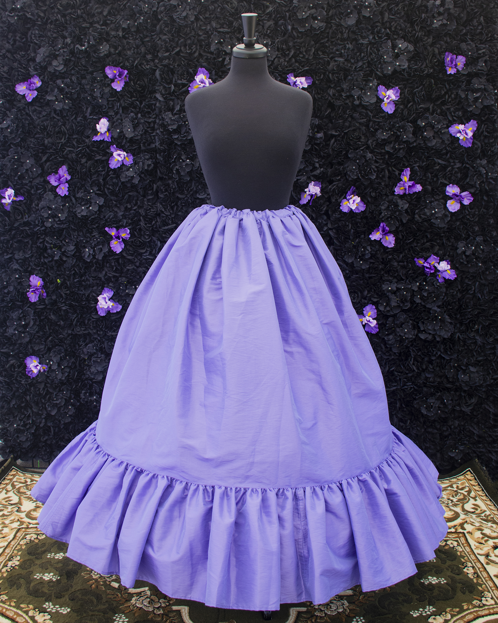 Periwinkle Purple Ruffle Skirt displayed on a mannequin