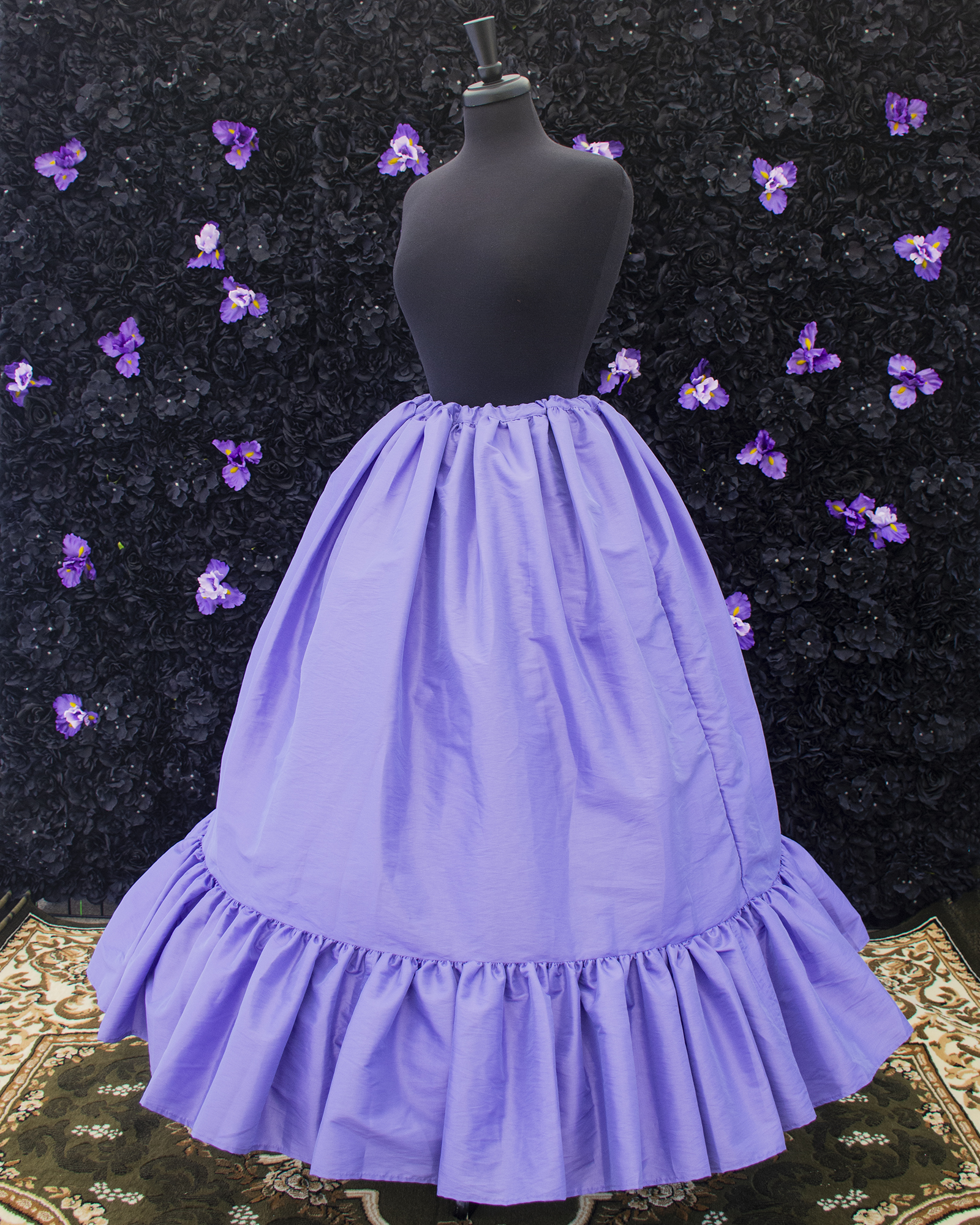 Periwinkle Purple Ruffle Skirt displayed on a mannequin
