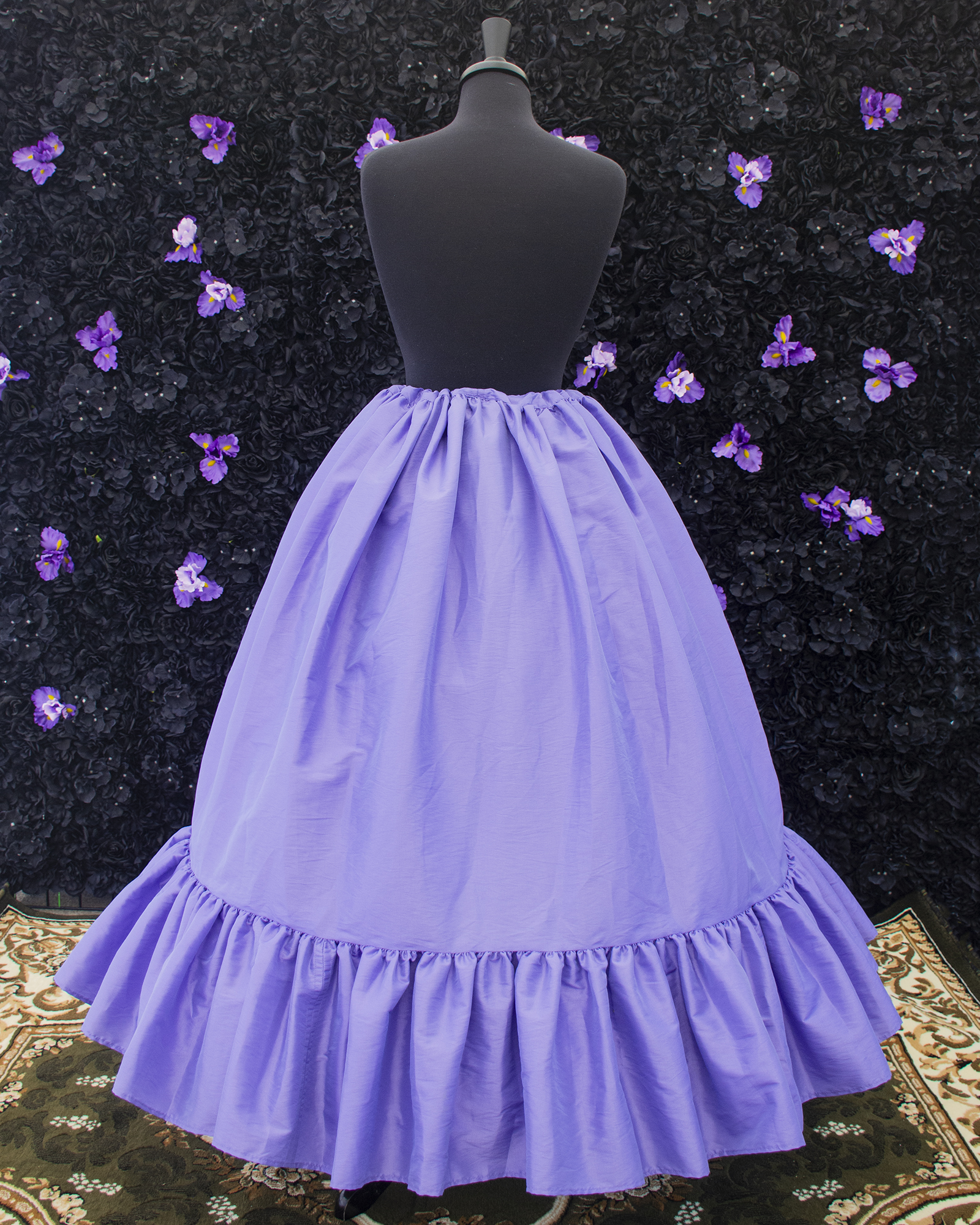 Periwinkle Purple Ruffle Skirt displayed on a mannequin