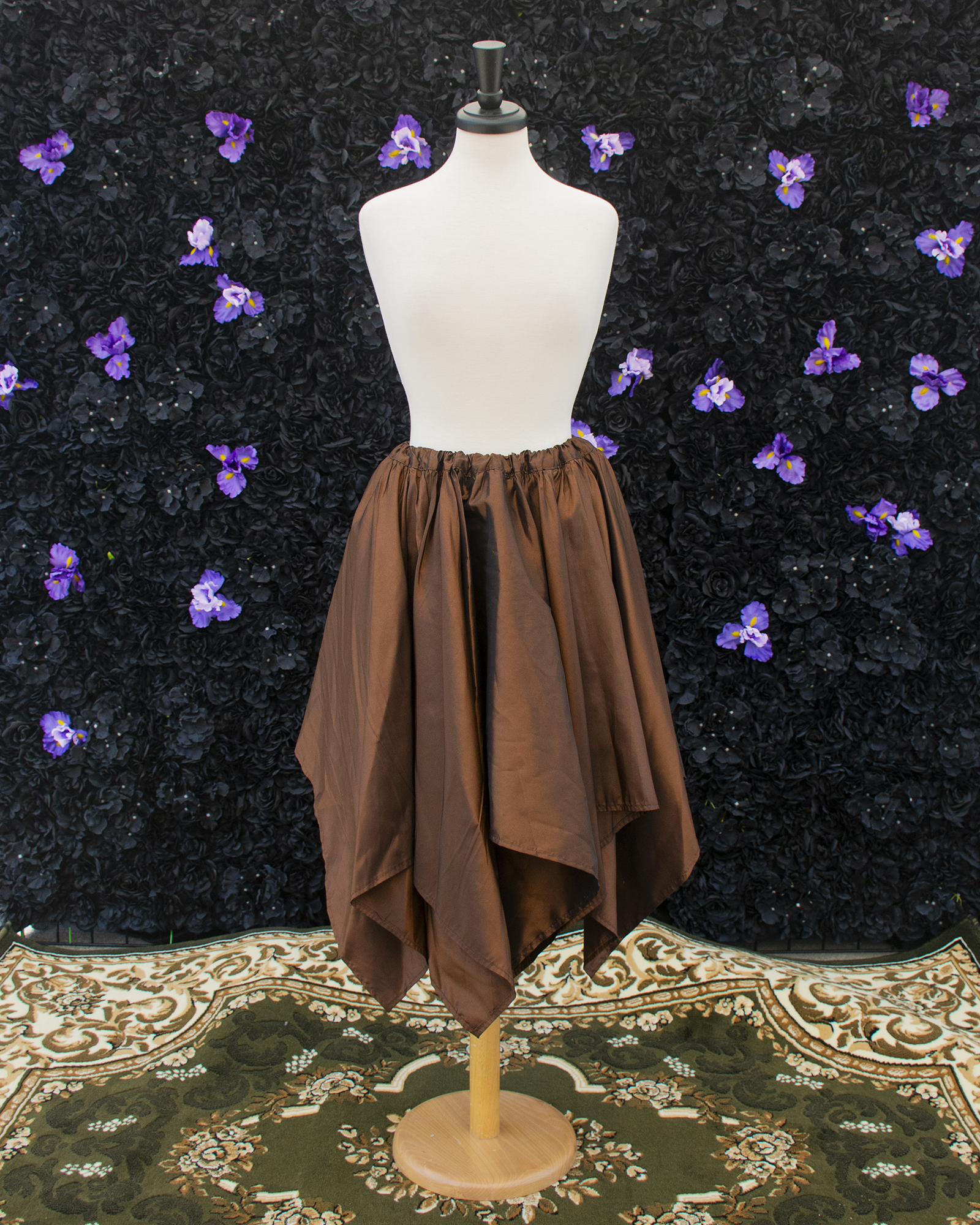 Brown Taffeta Petal Skirt displayed on a mannequin