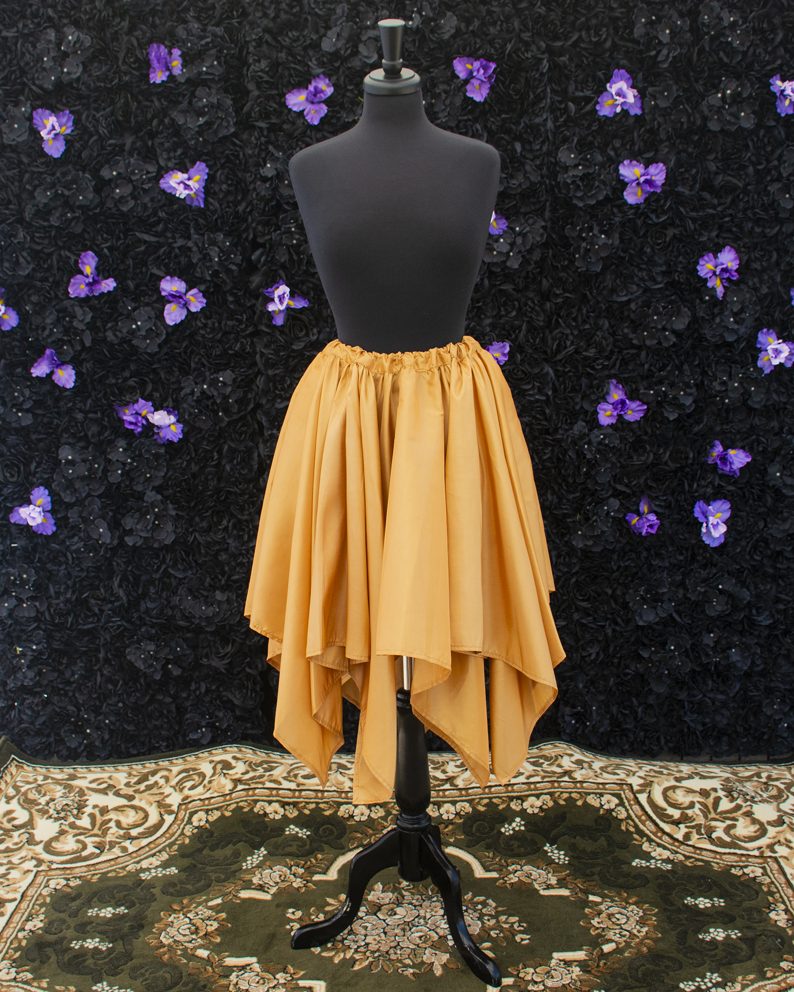 Gold Taffeta Petal Skirt displayed on a mannequin