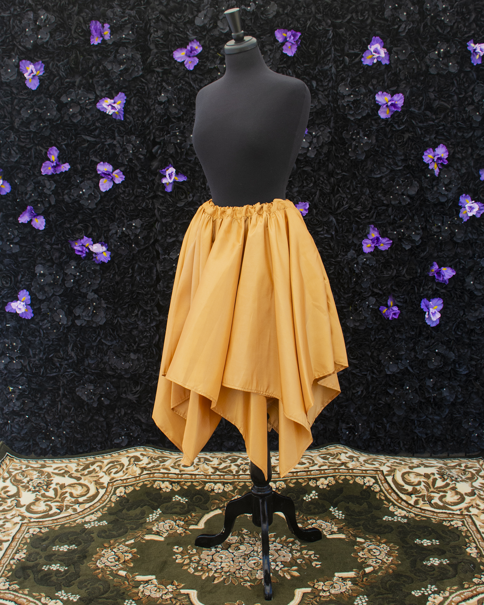 Gold Taffeta Petal Skirt displayed on a mannequin