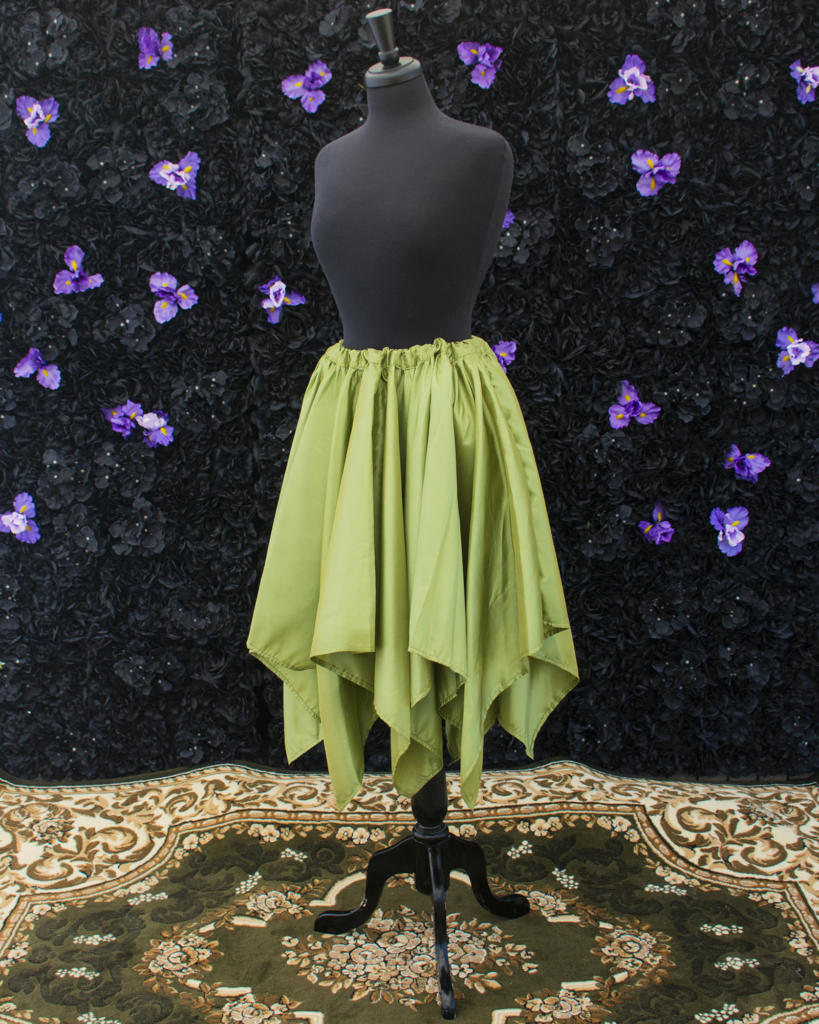 Sage Green Taffeta Petal Skirt displayed on a mannequin