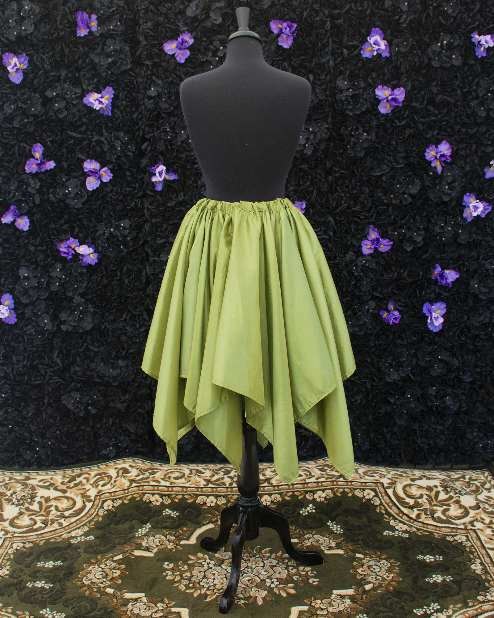 Sage Green Taffeta Petal Skirt displayed on a mannequin