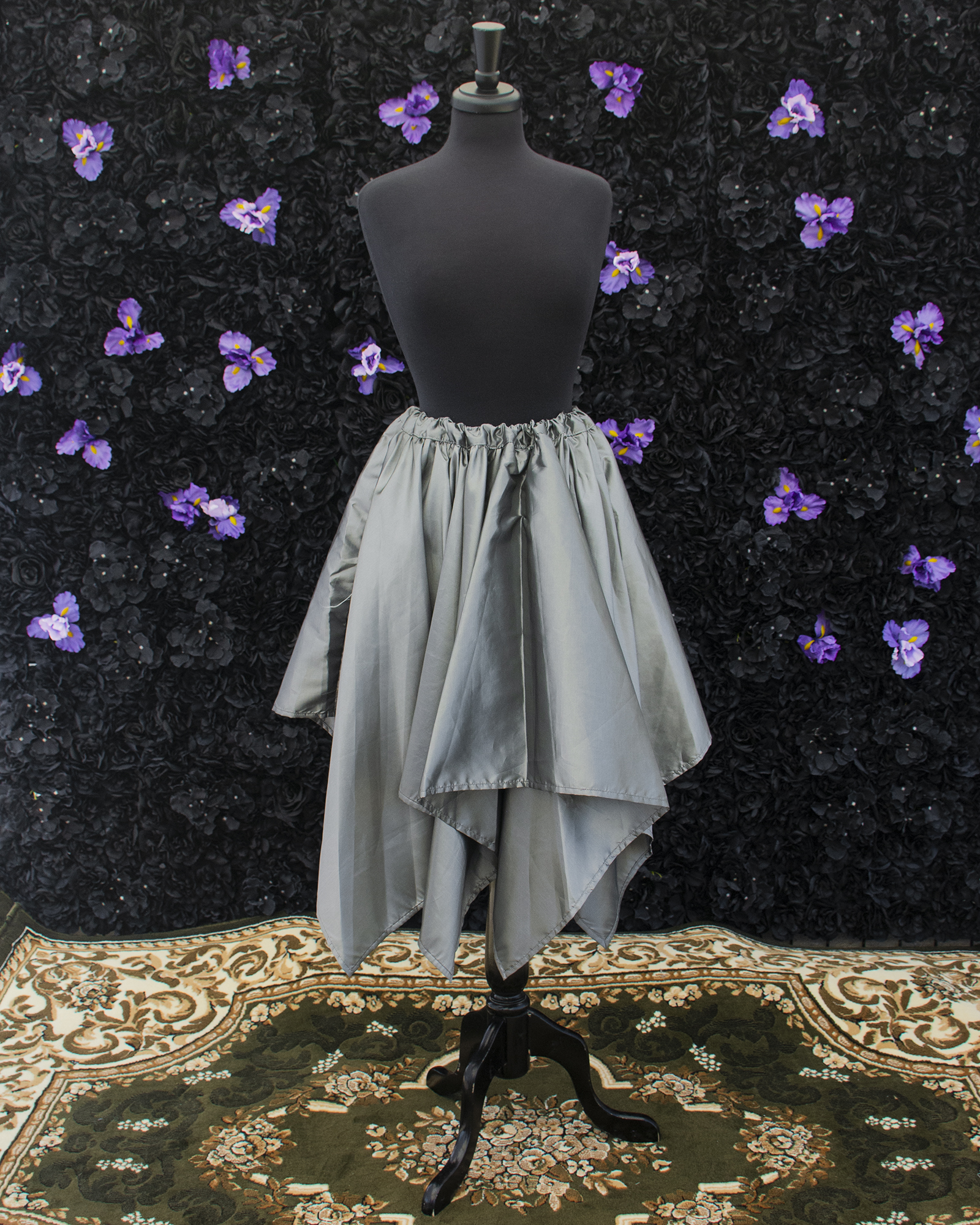 Silver Taffeta Petal Skirt displayed on a mannequin