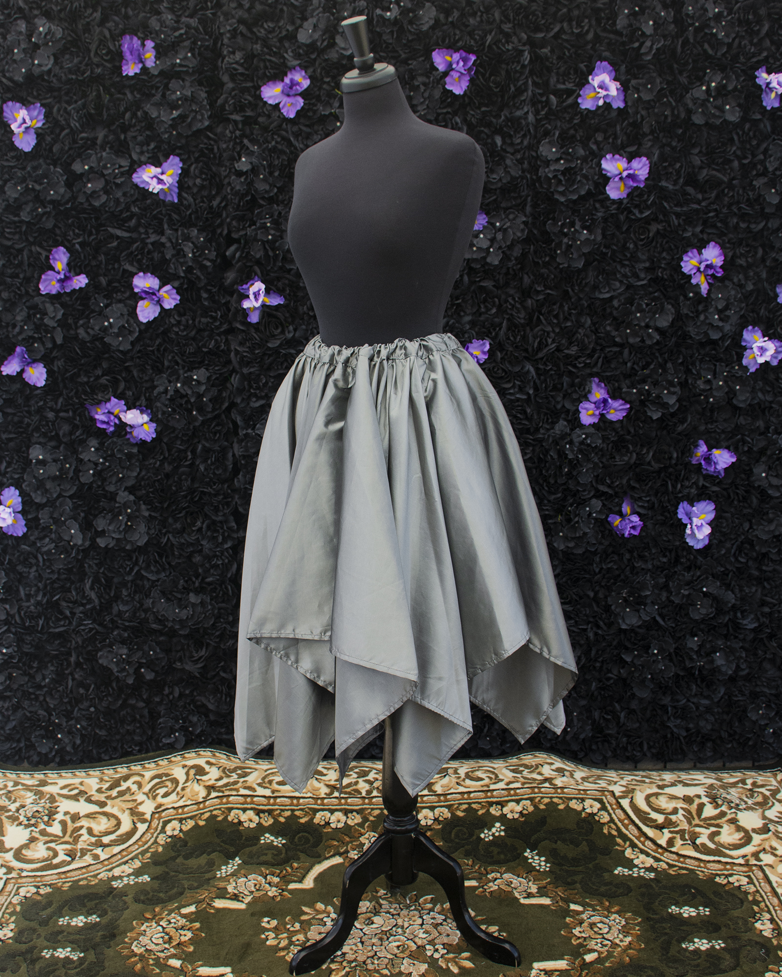 Silver Taffeta Petal Skirt displayed on a mannequin