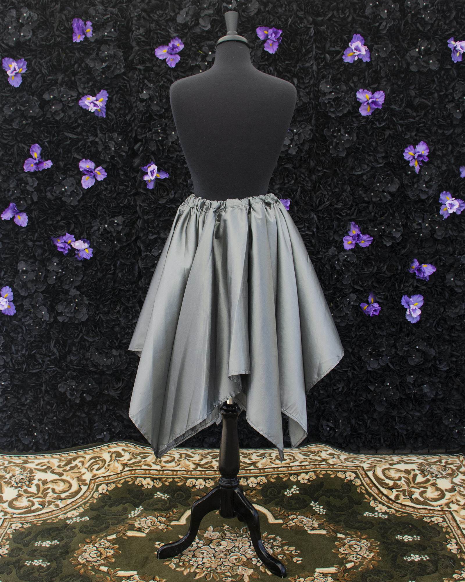 Silver Taffeta Petal Skirt displayed on a mannequin