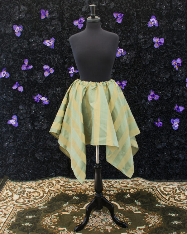 Sage Green and Gold Striped Pixie Skirt on a mannequin